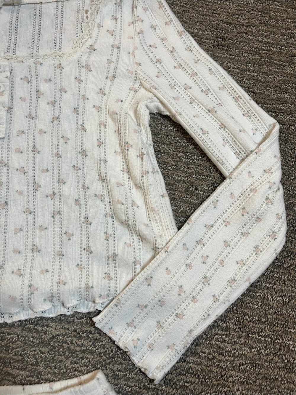 Pink Rose Cream Ribbed Lace-Trim Long Sleeve Top & Shorts Pajama Set - Picture 2 of 11
